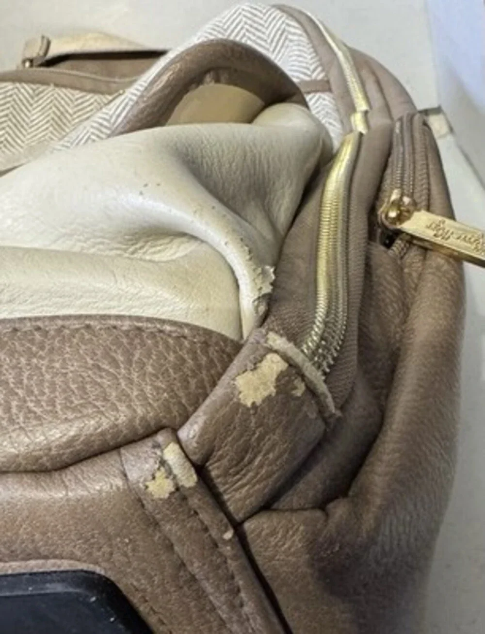Itzy Ritzy Taupe Cream Faux Leather Chevron Diaper Backpack Bag with Pockets